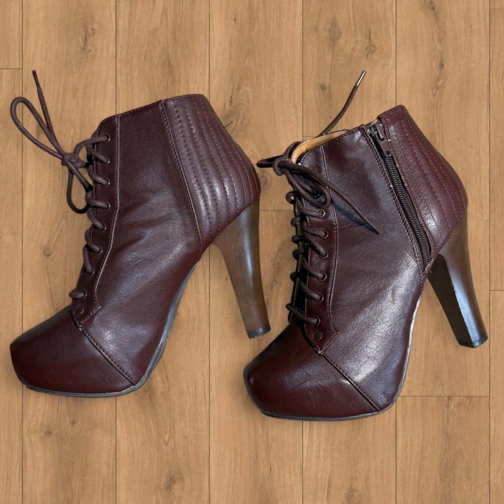 Brown Faux Leather Lace Up Ankle Boots High Heel Platform Square Toe